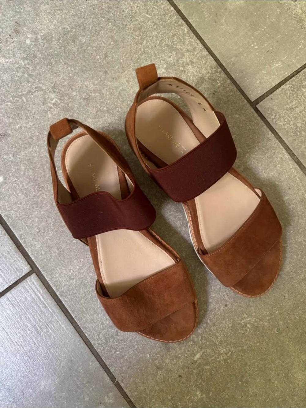 Stuart Weitzman Brown Suede & Dark Brown Elastic Slingback Sandals
